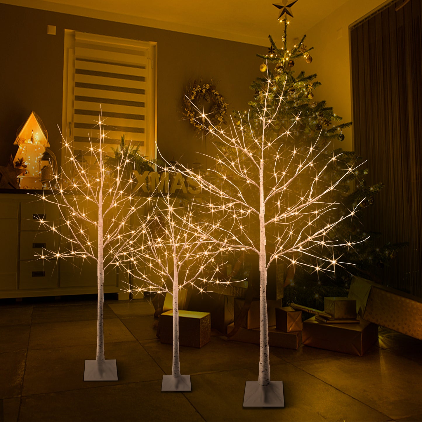 4/5/6FT Christmas Tree Set with Lights, Decorative Pre-Lit Xmas Christmas Birch Tree Decor