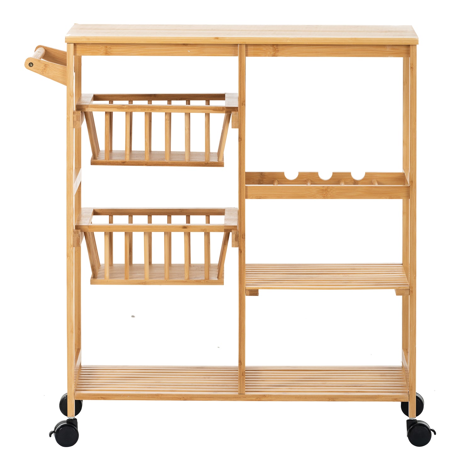 Rolling Kitchen Cart with Storage, BTMWAY Wood Kitchen Bakers Rack 3-Tier Utility Cart on Wheels, Counter Top Table Kitchen Microwave Cart with 2 Baskets, 3 Shelf, Walnut