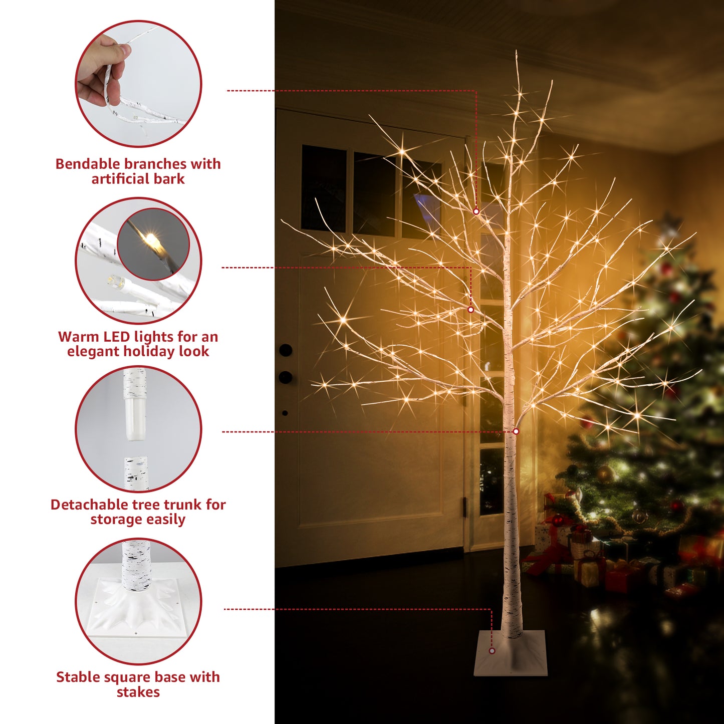 4/5/6FT Christmas Tree Set with Lights, Decorative Pre-Lit Xmas Christmas Birch Tree Decor