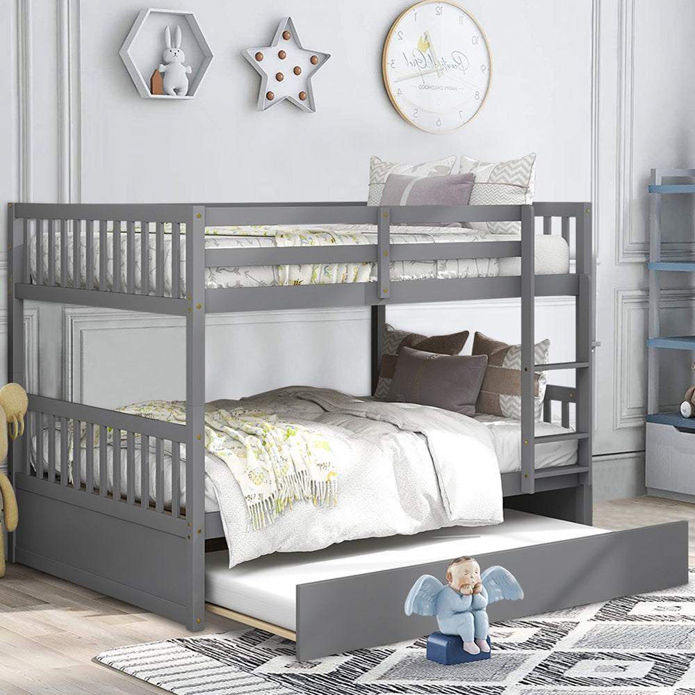 BTMWAY Full Over Full Bunk Bed, Full Size Bunk Bed Frame with Trundle, Pine Wood Full-over-Full Trundle Bed Frame, for Kids Room/Dorm Room/Bedroom, No Box Spring Needed, Gray, A2991