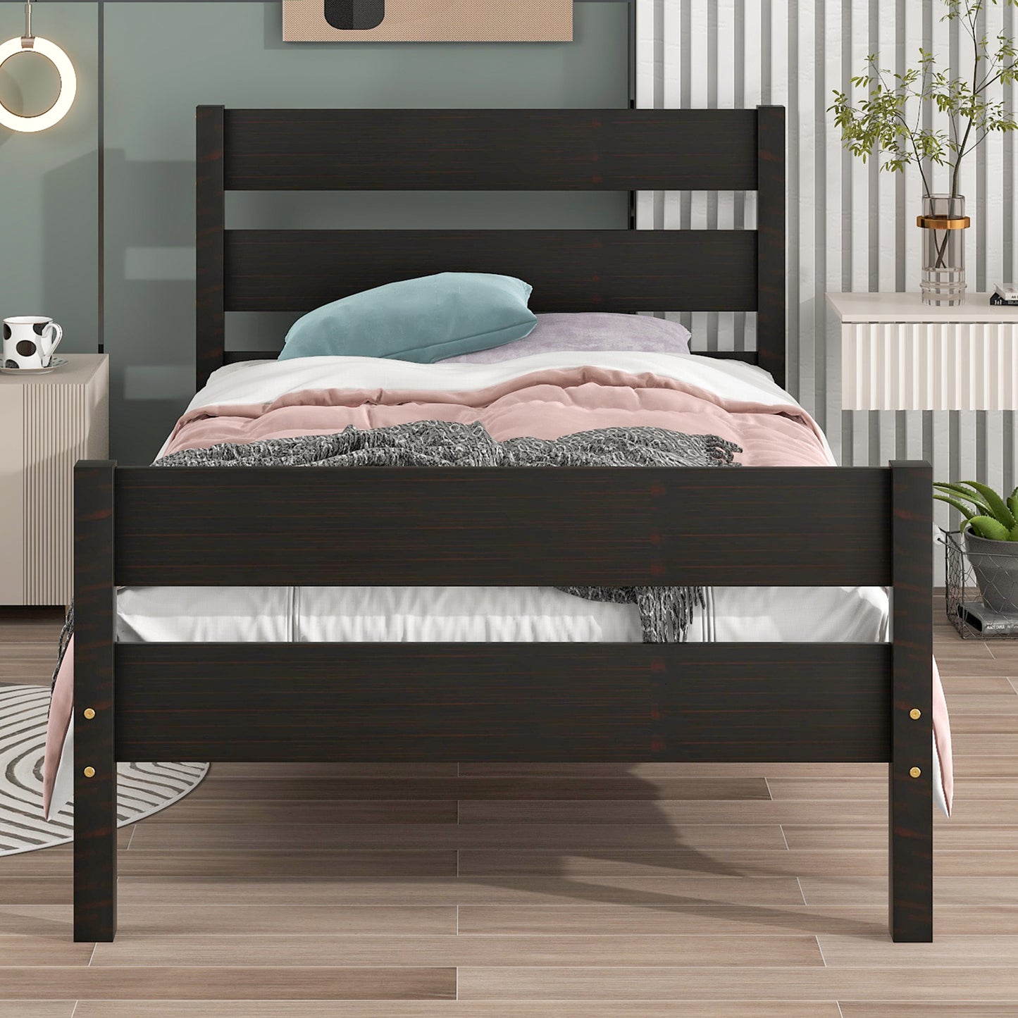 BTMWAY Wood Twin Bed Frame for Kids, Solid Wood Platform Bed Frame with Headboard and Footboard, LJC