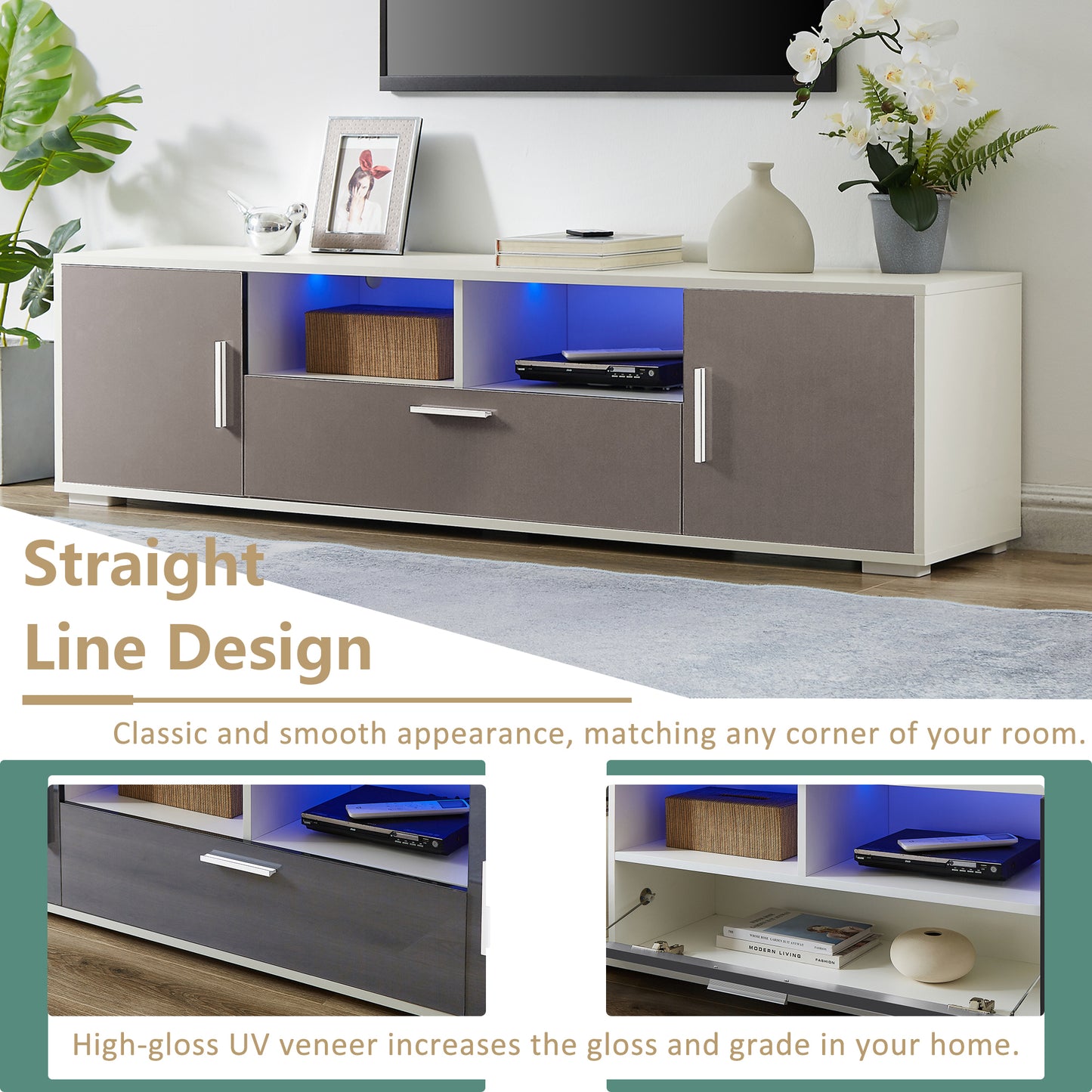 BTMWAY TV Stand for 70 Inch TV, New Generation Quick Assemble TV Cabinet with LED Lights and Drawers