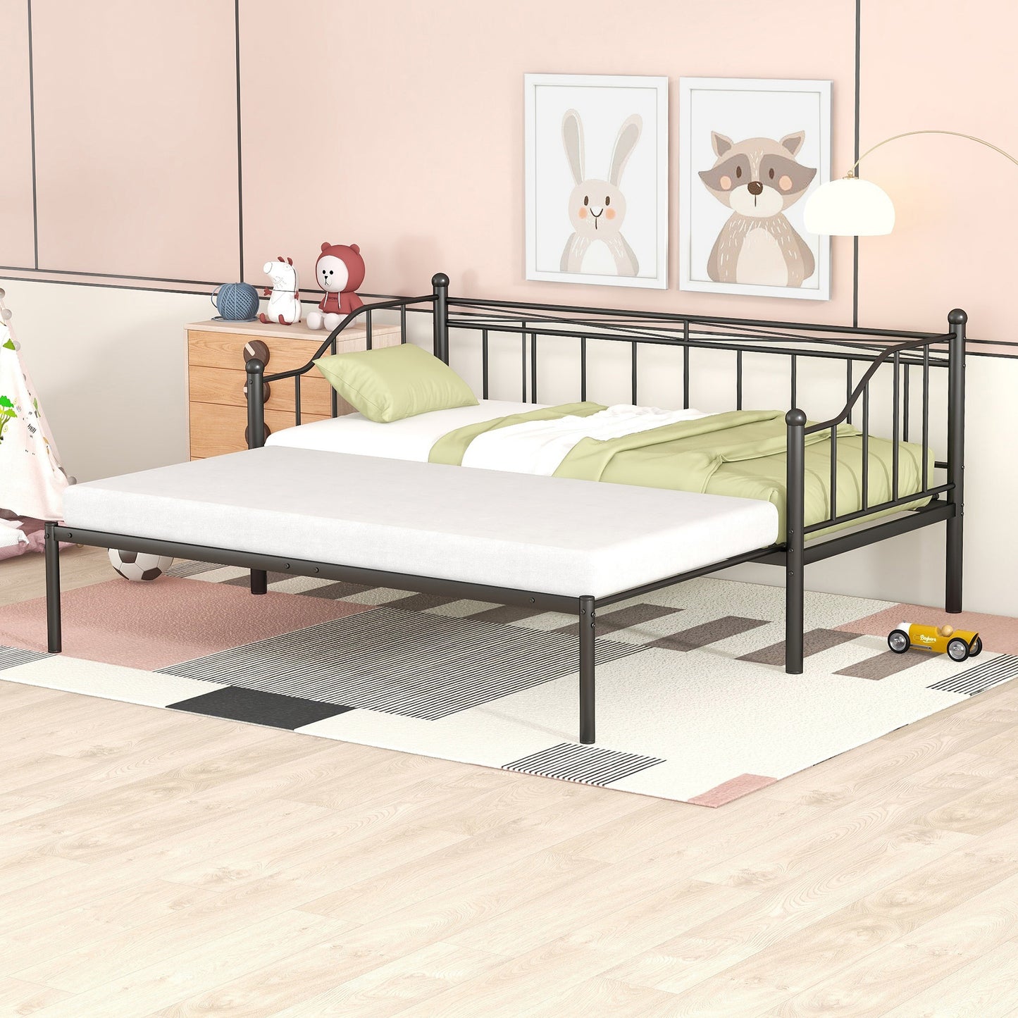 BTMWAY Daybed with Trundle Included, Twin Size Metal Daybed Frame with Adjustable Trundle, Heavy Duty Extendable Daybed with Pop Up Trundle Bed