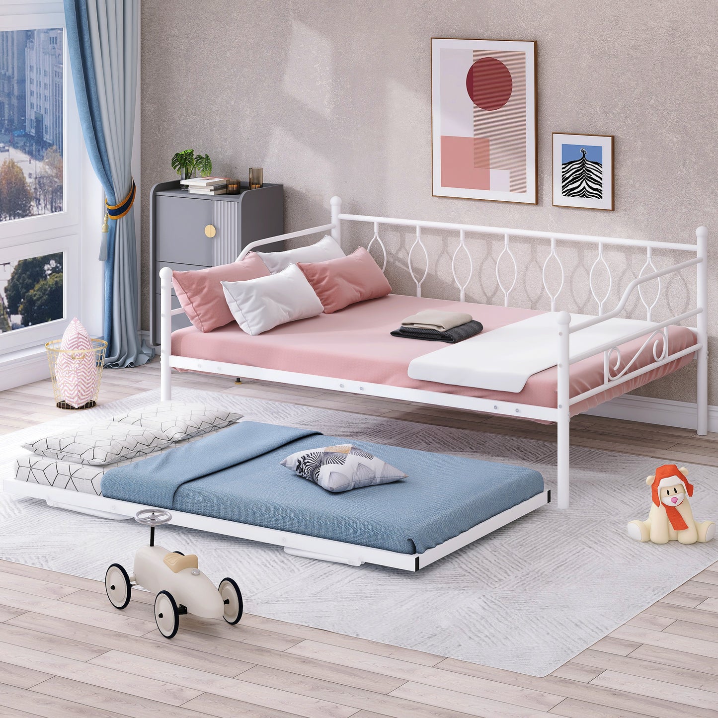 BTMWAY Daybed with Trundle Included, Twin Size Metal Daybed Frame with Adjustable Trundle, Heavy Duty Extendable Daybed with Pop Up Trundle Bed