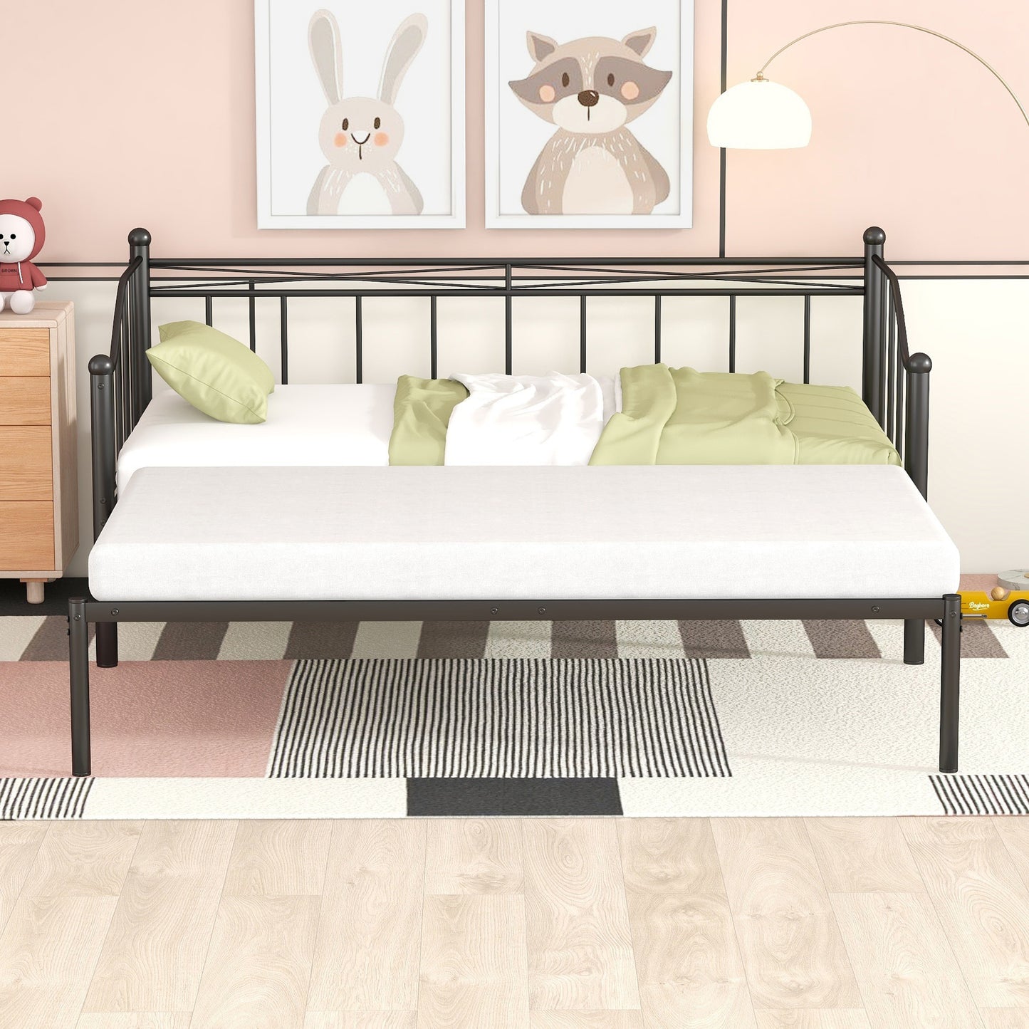 BTMWAY Daybed with Trundle Included, Twin Size Metal Daybed Frame with Adjustable Trundle, Heavy Duty Extendable Daybed with Pop Up Trundle Bed