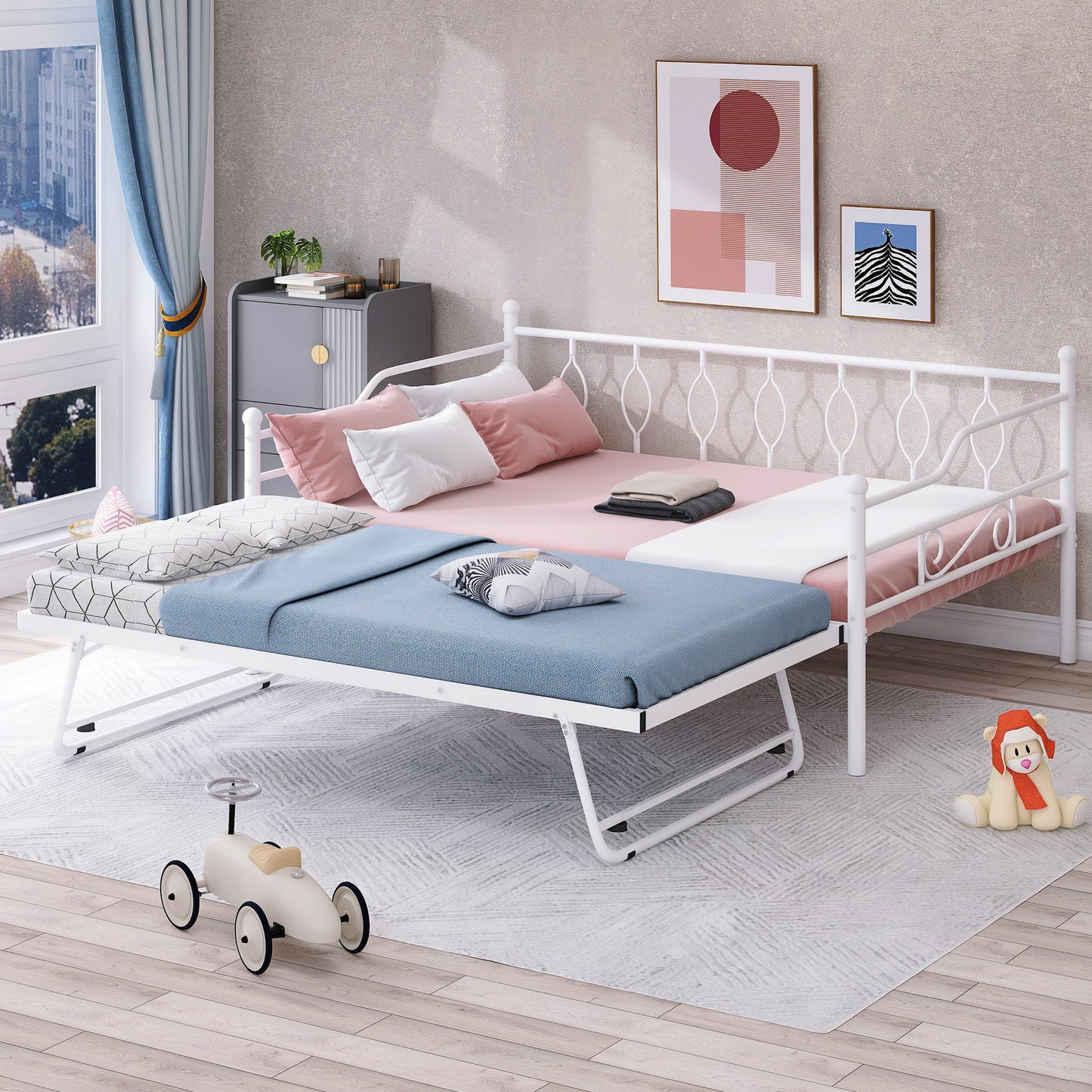 BTMWAY Daybed with Trundle Included, Twin Size Metal Daybed Frame with Adjustable Trundle, Heavy Duty Extendable Daybed with Pop Up Trundle Bed