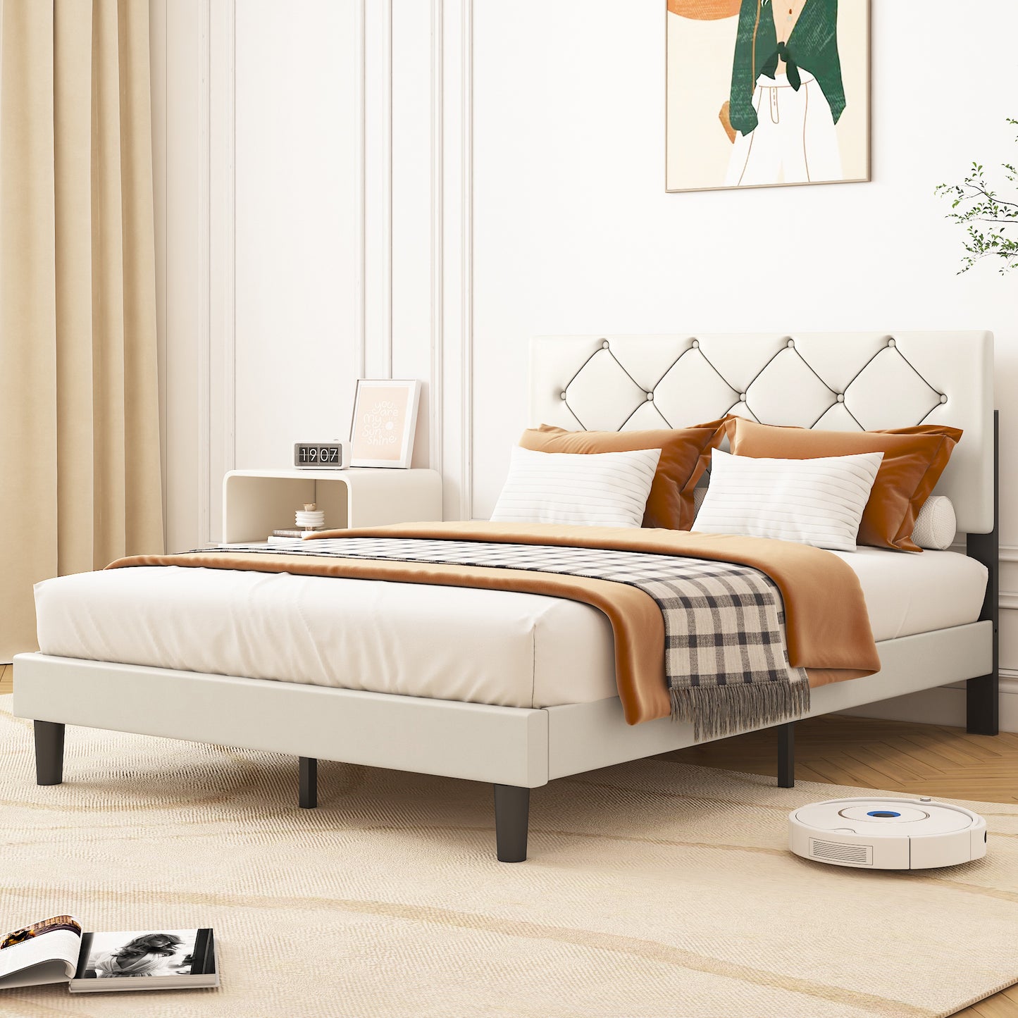 BTMWAY Upholstered Queen Bed, Faux Leather Upholstered Platform Bed Frame with Headboard, LJC