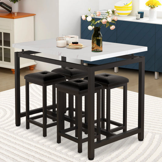 Faux Marble Dining Set for 4, BTMWAY Modern High Top Dining Table Set with Upholstered Stools, Counter Height Kitchen Dining Table and Chairs Set, Breakfast Nook Table Set with Stools, N221