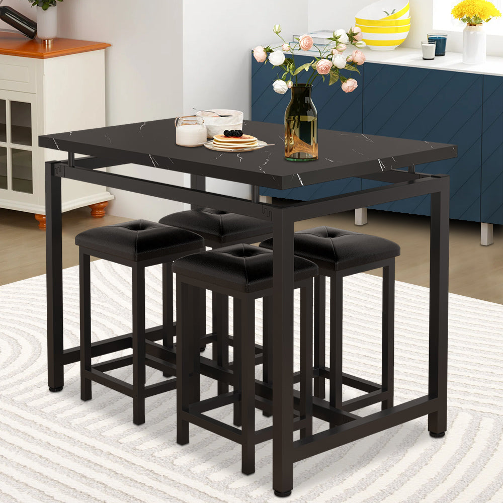 Black Marble Dining Table Set for 4, BTMWAY High Top Bar Table Set with Upholstered Stools, Counter Height Dining Table and Chairs Set for Kitchen, Metal Frame Breakfast Nook Table Set, N234