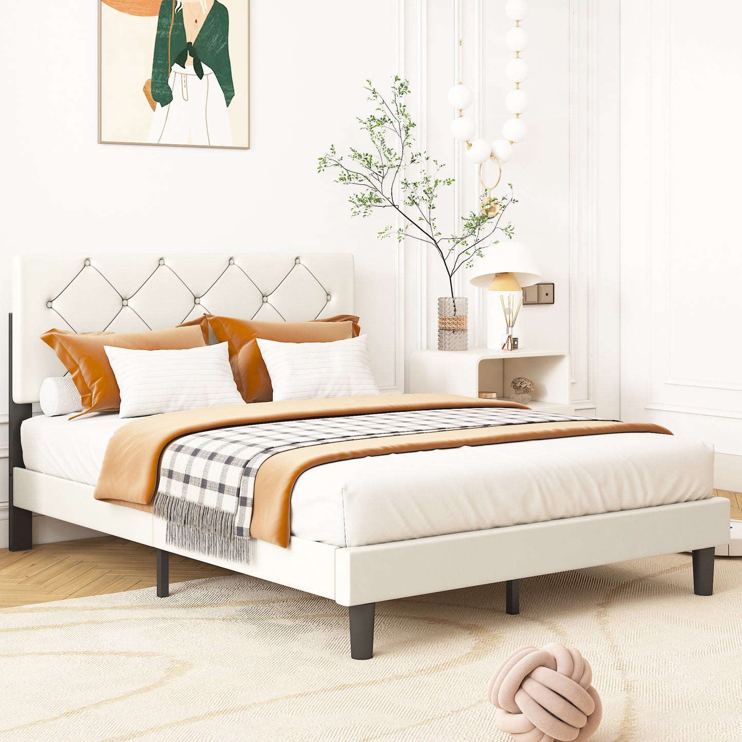 BTMWAY Upholstered Queen Bed, Faux Leather Upholstered Platform Bed Frame with Headboard, LJC