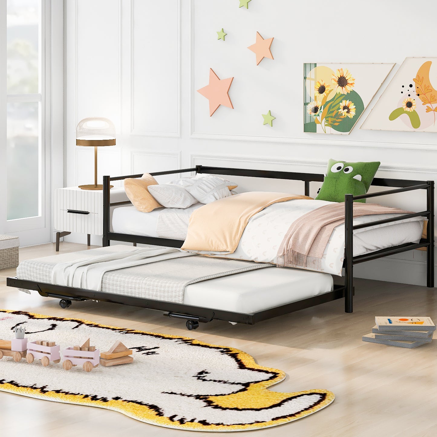 BTMWAY Daybed with Trundle Included, Twin Size Metal Daybed Frame with Adjustable Trundle, Heavy Duty Extendable Daybed with Pop Up Trundle Bed