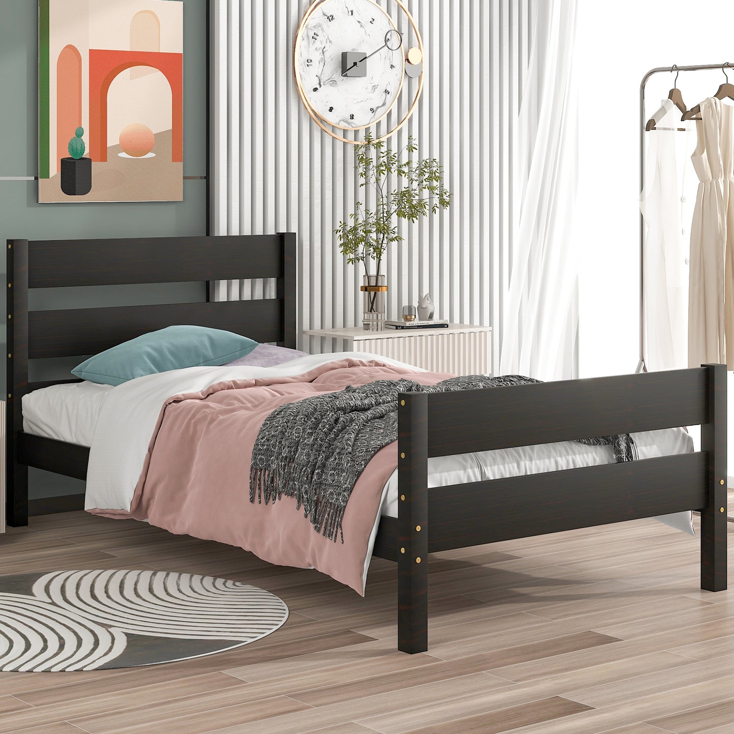 BTMWAY Wood Twin Bed Frame for Kids, Solid Wood Platform Bed Frame with Headboard and Footboard, LJC