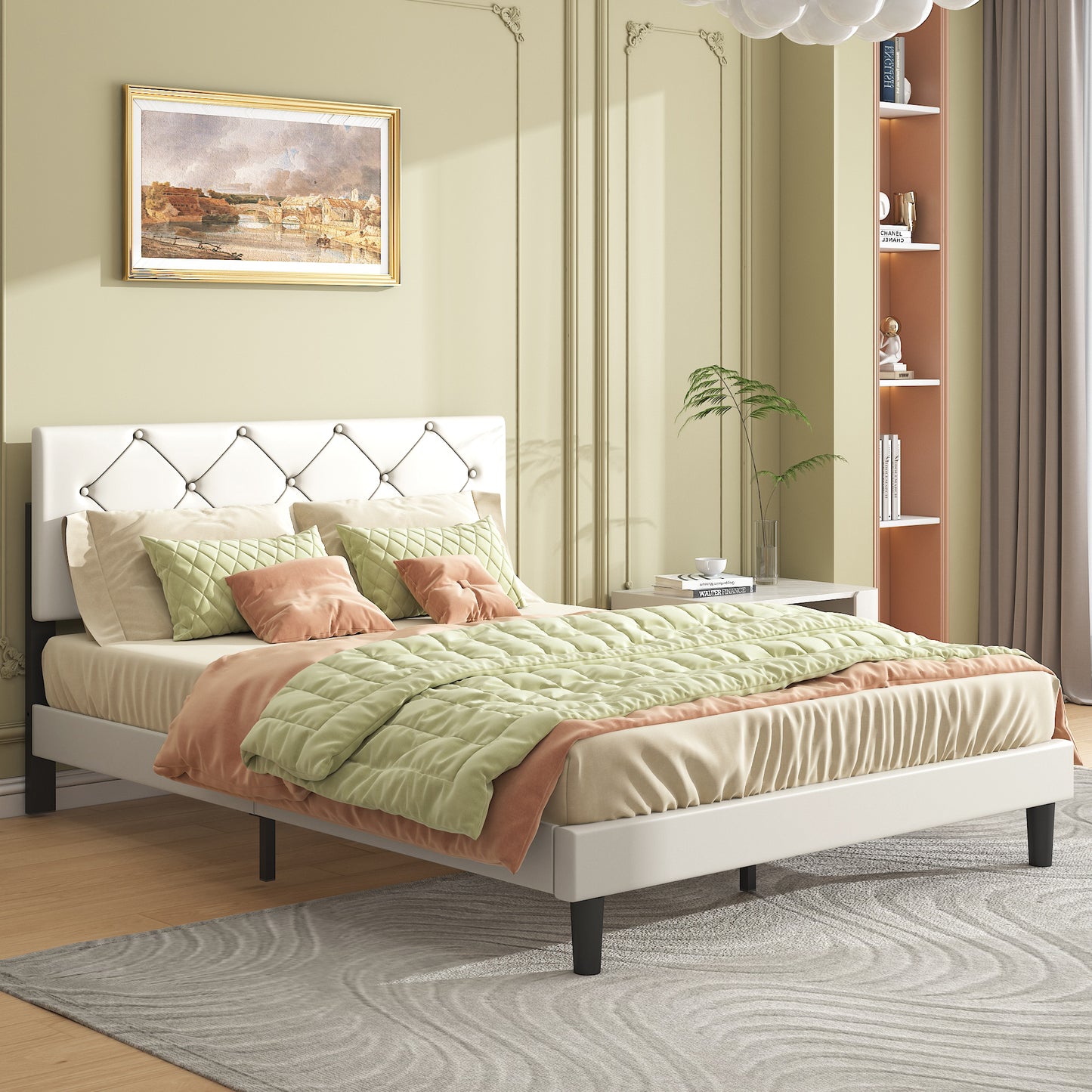 BTMWAY Upholstered Queen Bed, Faux Leather Upholstered Platform Bed Frame with Headboard, LJC