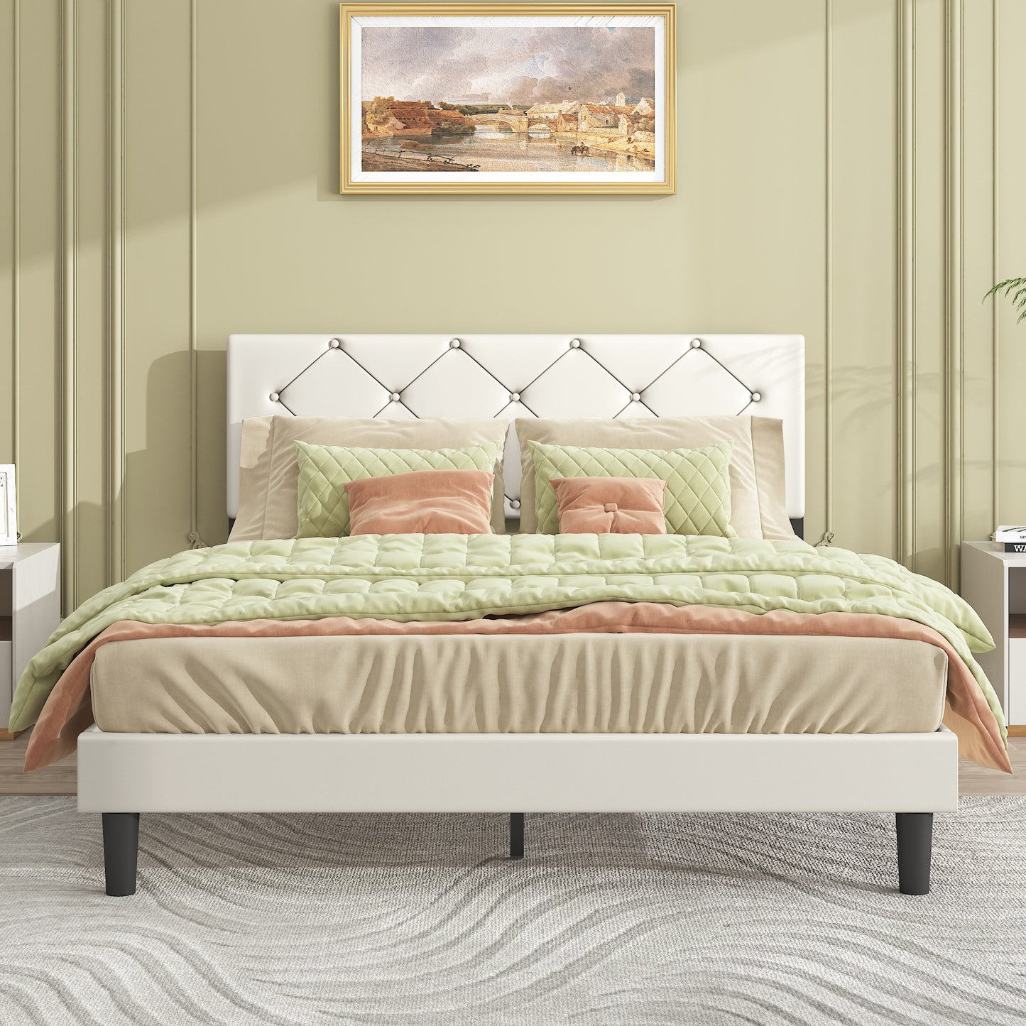 BTMWAY Upholstered Queen Bed, Faux Leather Upholstered Platform Bed Frame with Headboard, LJC