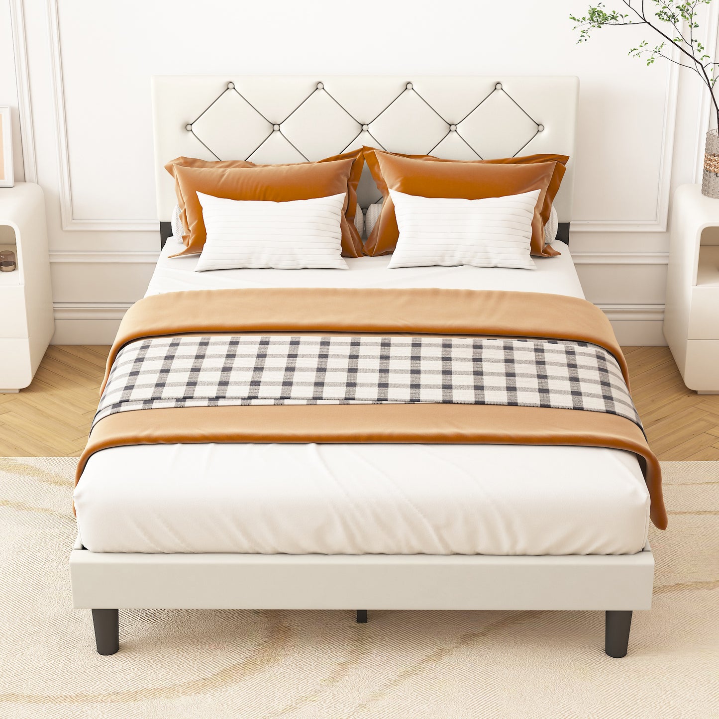 BTMWAY Upholstered Queen Bed, Faux Leather Upholstered Platform Bed Frame with Headboard, LJC