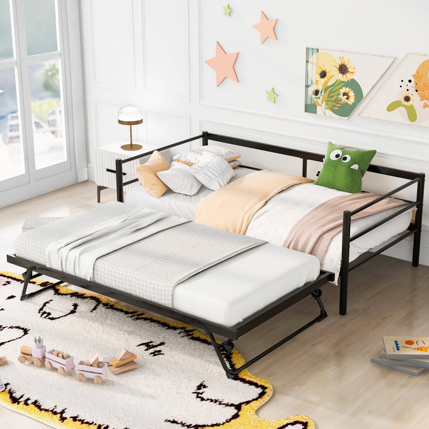 BTMWAY Daybed with Trundle Included, Twin Size Metal Daybed Frame with Adjustable Trundle, Heavy Duty Extendable Daybed with Pop Up Trundle Bed