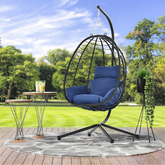 BTMWAY Egg Chair, Outdoor Wicker Egg Chair with Stand, Patio Swing Chair Hammock Basket Chair with Removable Cream Cushion