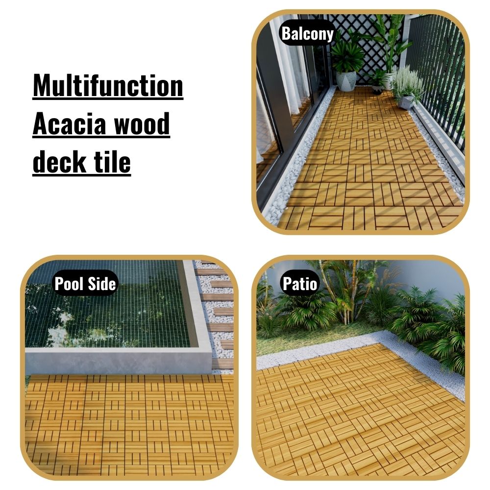 BTMWAY Patio Wood Deck Tiles, 12"x12" Square Acacia Wood Interlocking Flooring Tiles for Indoor & Outdoor, LJC
