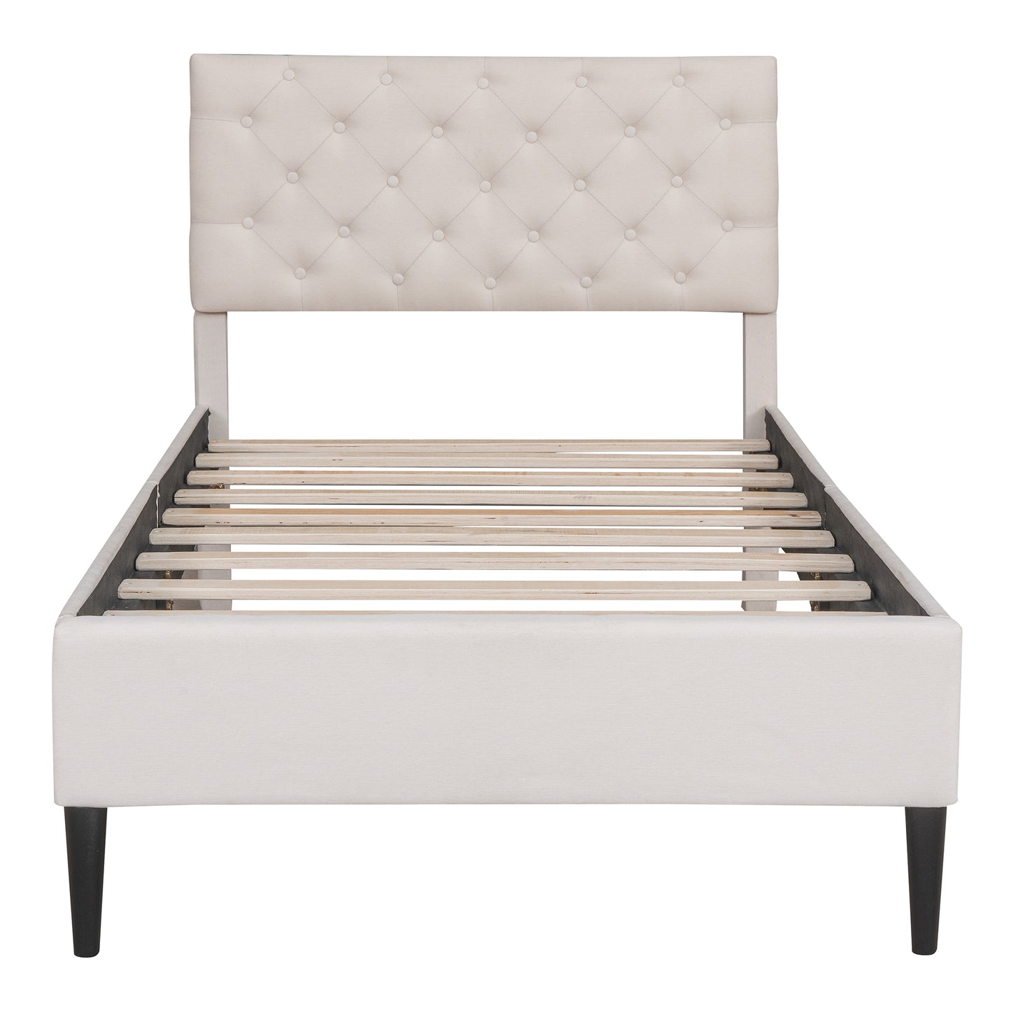 BTMWAY Full Size Bed Frame, New Upgraded Linen Fabric Upholstered Platform Bed with Button Tufted Headboard, LJC