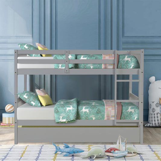 Full Bunk Bed for Kids Teens Adults, Full Over Full Bunk Bed with Twin Trundle, Guardrail and Ladder, Separated into 2 Full Bed Frame, Convertible Bunk Bed, Gray, R119