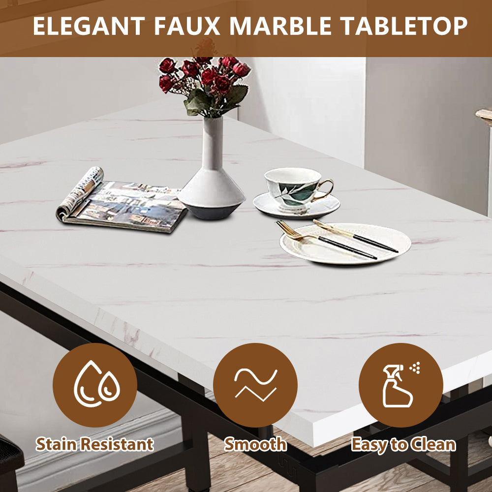Faux Marble Dining Set for 4, BTMWAY Modern High Top Dining Table Set with Upholstered Stools, Counter Height Kitchen Dining Table and Chairs Set, Breakfast Nook Table Set with Stools, N221