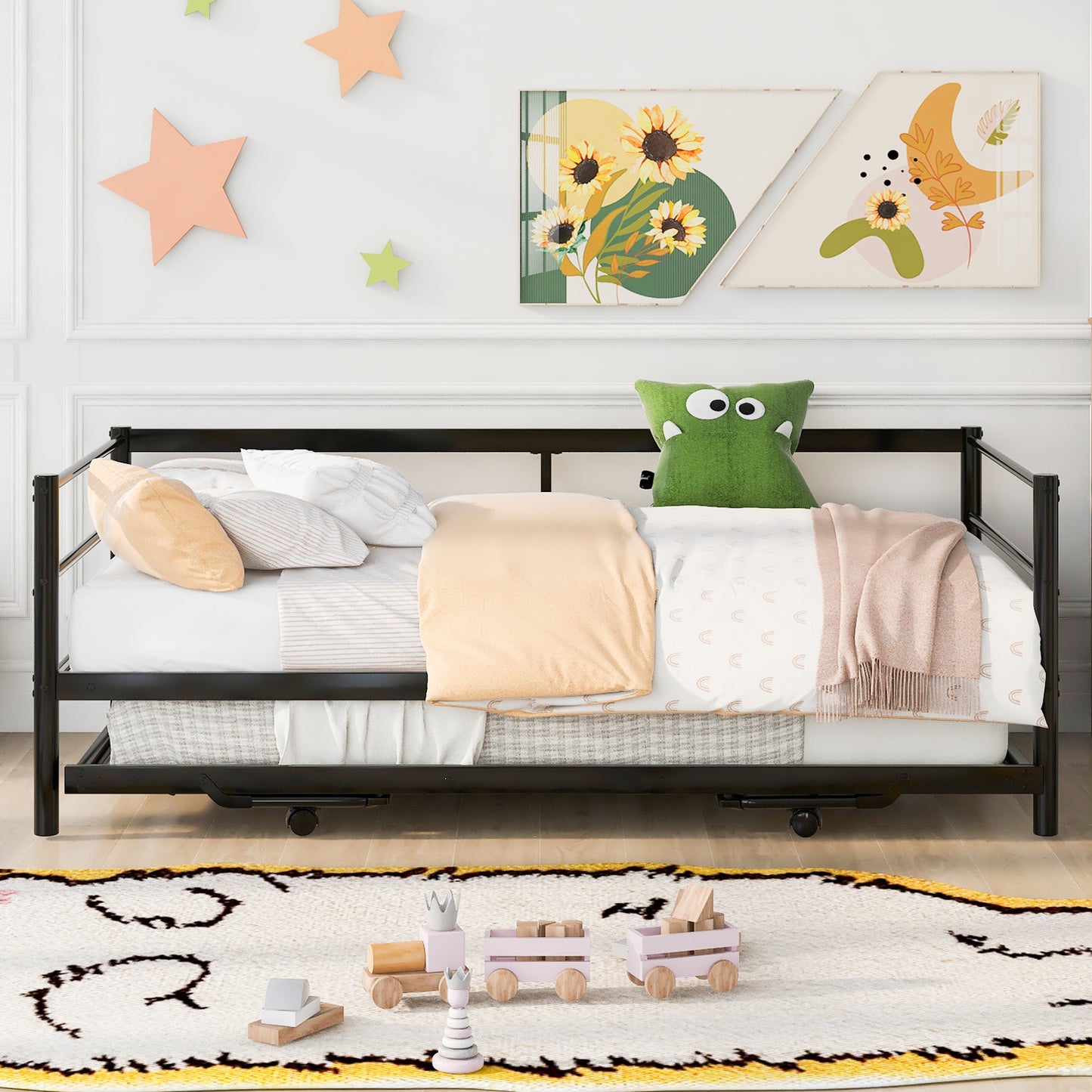 BTMWAY Daybed with Trundle Included, Twin Size Metal Daybed Frame with Adjustable Trundle, Heavy Duty Extendable Daybed with Pop Up Trundle Bed