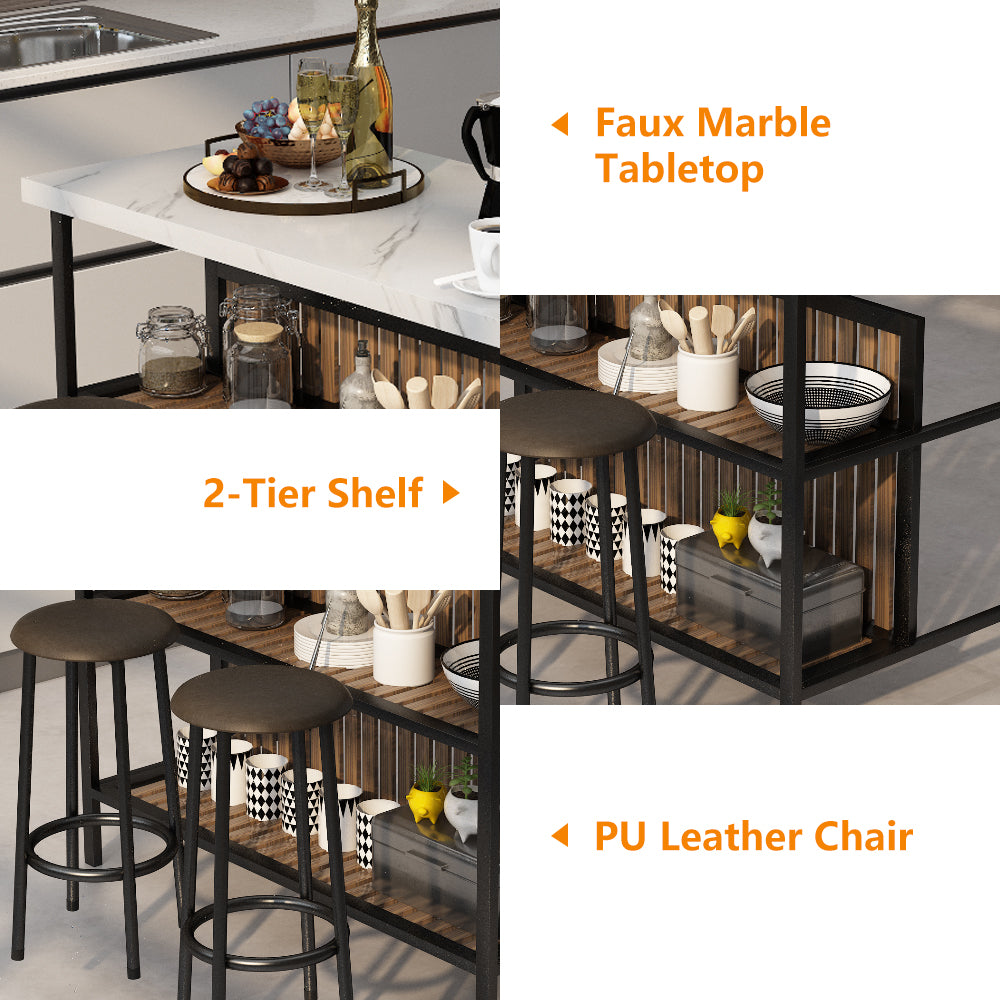 Wood Stationary Kitchen Island and Stools Set, BTMWAY 3 Piece Faux Marble Kitchen Island Set with 2 Seating, Dining Table Set with Storage Shelf, 47x24in Large Tabletop, for Small Space, Brwon