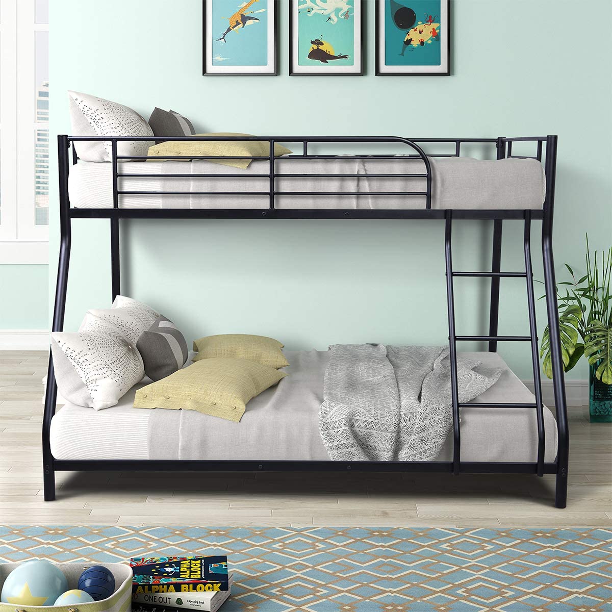 Metal Bunk Bed, Twin Over Full Bed with Ladder & Safety Guardrail, Black, A1242