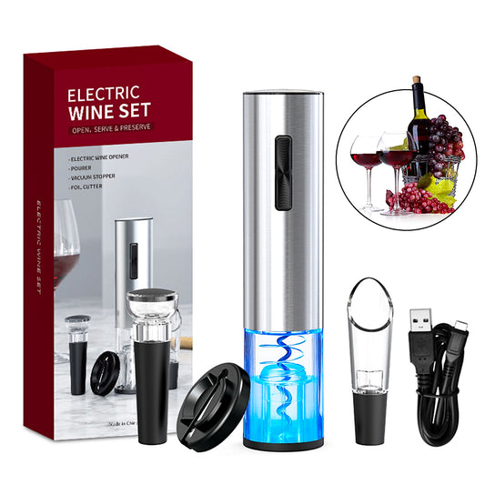 Wine Bottle Opener, BTMWAY 4 in 1 Electric Wine Bottle Opener Rechargeable, Stainless Steel Electric Corkscrew Set, Wine Bottle Openers Set w/ Pourer, Foil Cutter, Stopper, Type-C Charging Cable, R950