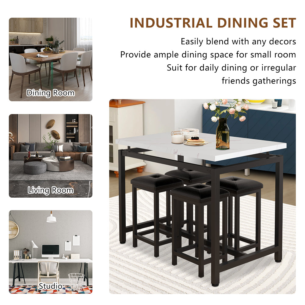 Black Marble Dining Table Set for 4, BTMWAY High Top Bar Table Set with Upholstered Stools, Counter Height Dining Table and Chairs Set for Kitchen, Metal Frame Breakfast Nook Table Set, N234