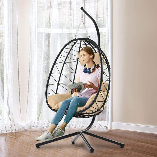 Patio Wicker Hanging Egg Chair, BTMWAY Indoor Outdoor Swing Egg Chair with Stand and Cushions, Flooring Hammock Chair Patio Lounger Chairs, Weight Capacity - 300lbs,A2843