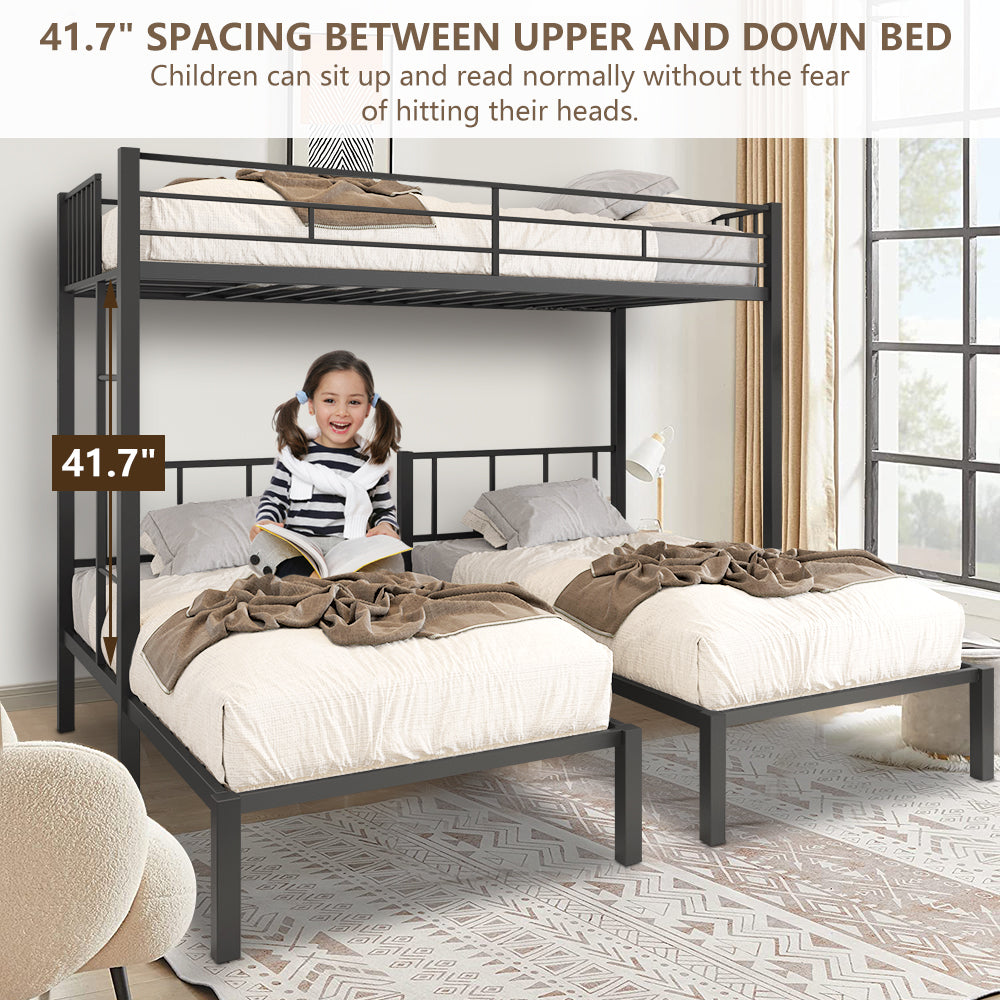 Triple Bunk Bed, BTMWAY Modern Metal Twin Size Bunk Bed For Kids, Convertible Twin Triple Bed Loft Bed, Can be Divided into 3 Separate Platform Beds with Headboard, Black, A6551