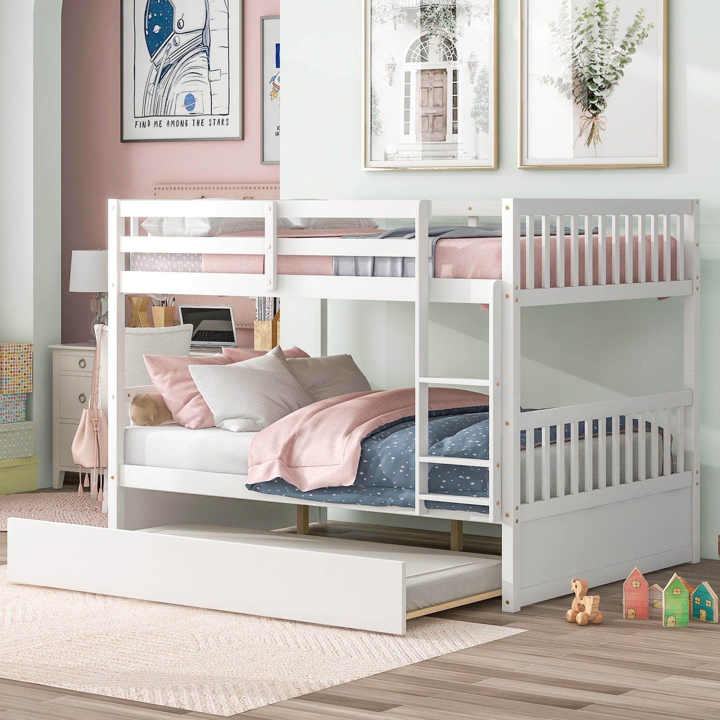 BTMWAY Full Over Full Bunk Bed, Full Size Bunk Bed Frame with Trundle, Pine Wood Full-over-Full Trundle Bed Frame, for Kids Room/Dorm Room/Bedroom, No Box Spring Needed, Gray, A2991