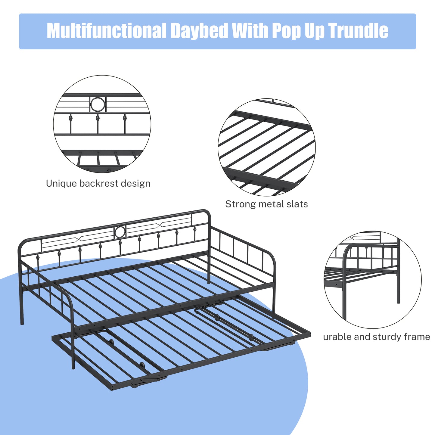 BTMWAY Daybed with Trundle Included, Twin Size Metal Daybed Frame with Adjustable Trundle, Heavy Duty Extendable Daybed with Pop Up Trundle Bed