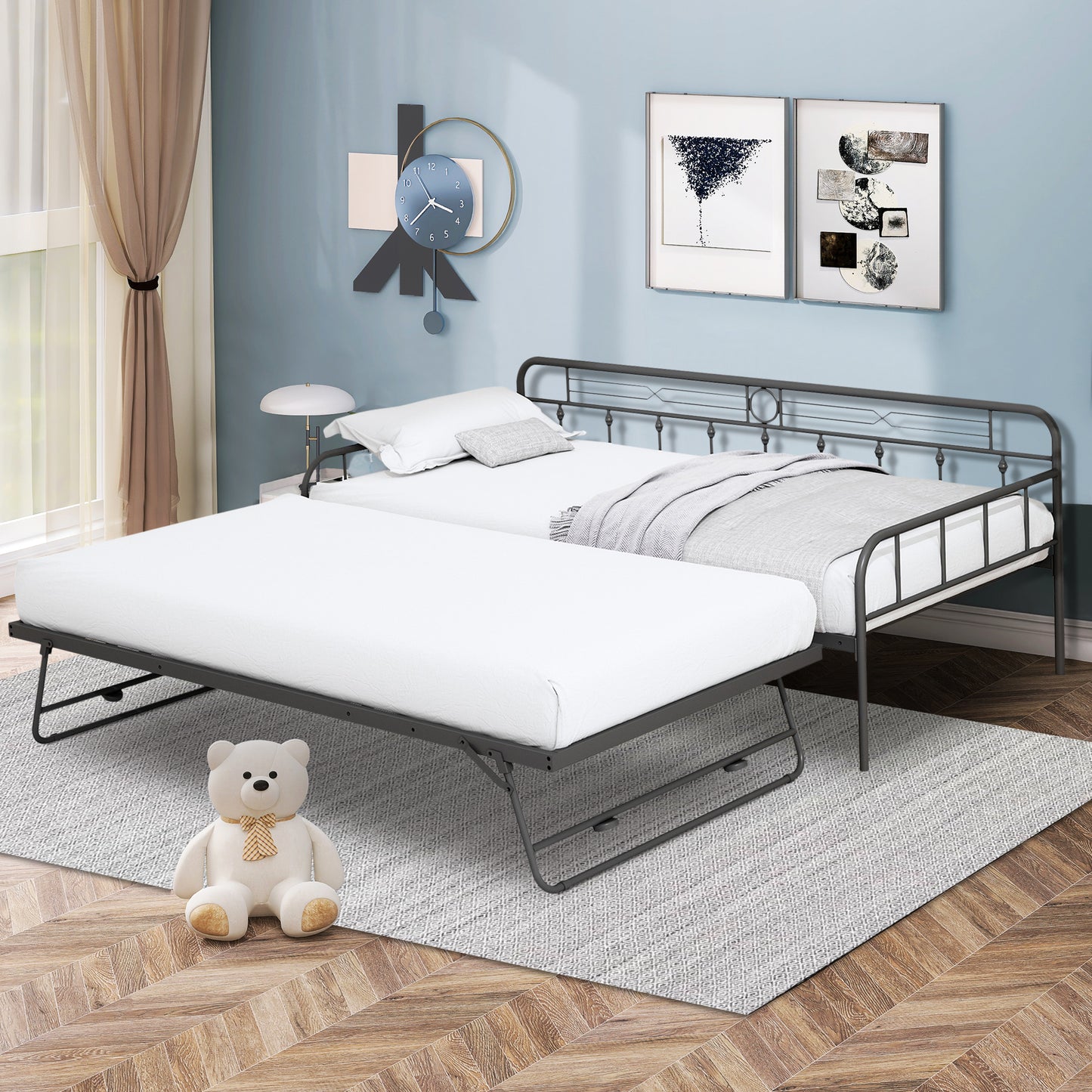 BTMWAY Daybed with Trundle Included, Twin Size Metal Daybed Frame with Adjustable Trundle, Heavy Duty Extendable Daybed with Pop Up Trundle Bed