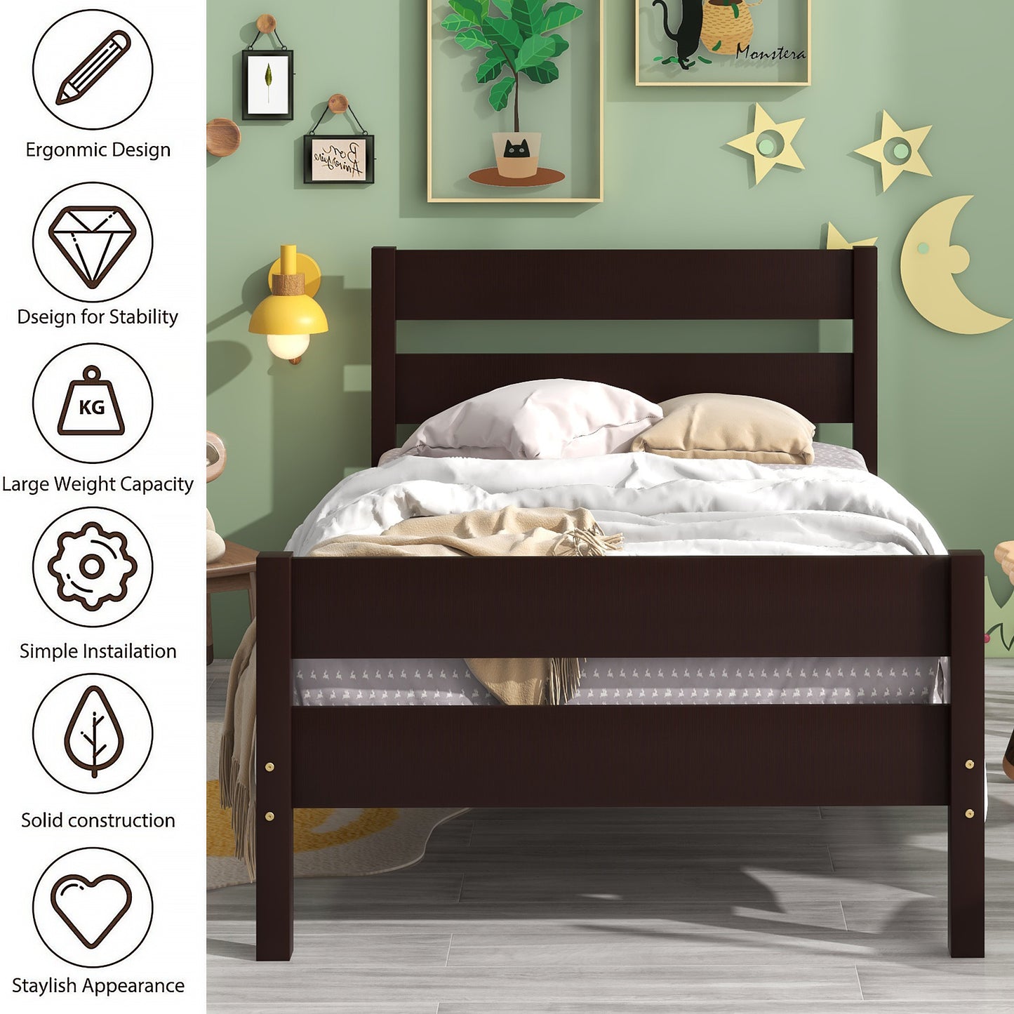 BTMWAY Wood Twin Bed Frame for Kids, Solid Wood Platform Bed Frame with Headboard and Footboard, LJC