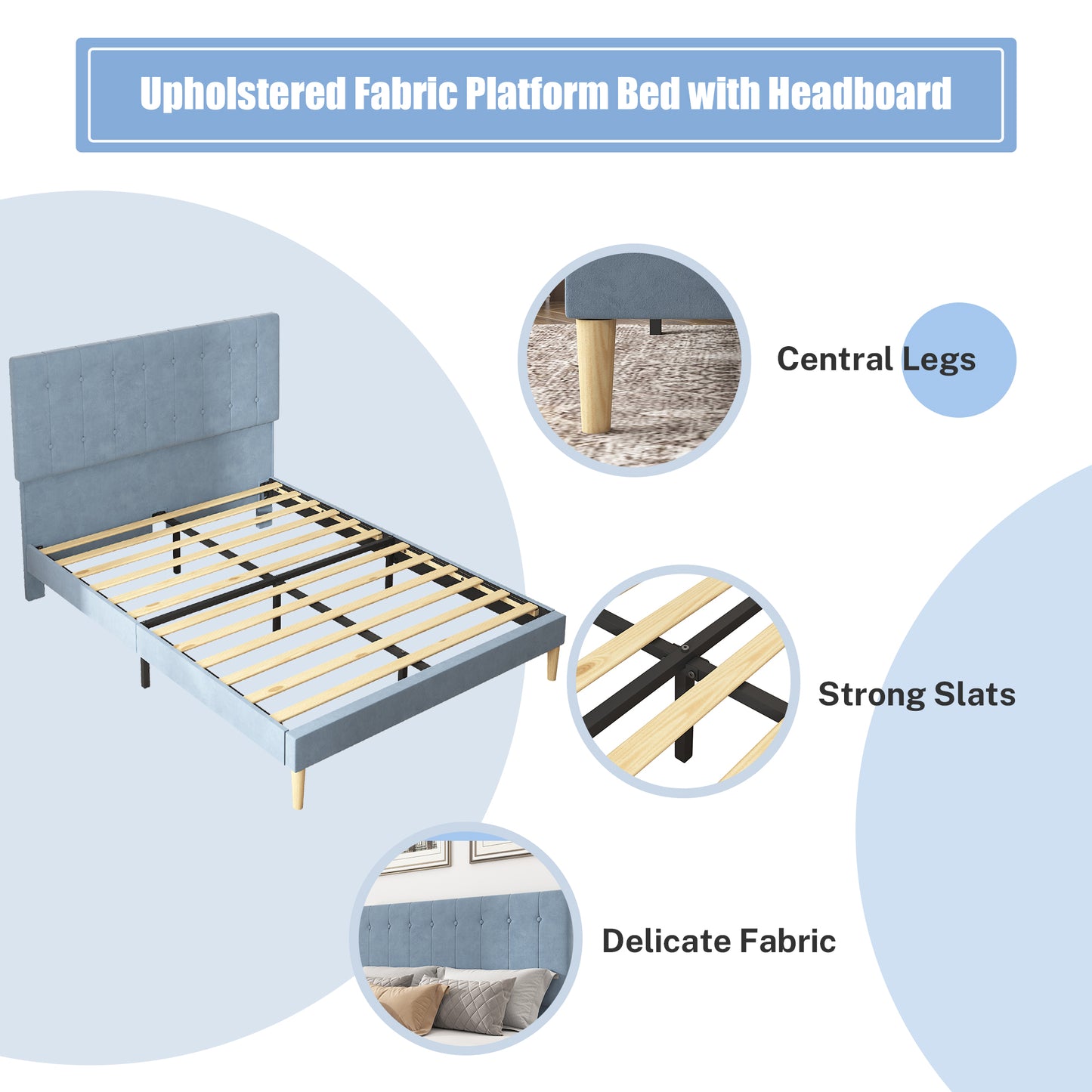 BTMWAY Full Size Bed Frame, New Upgraded Linen Fabric Upholstered Platform Bed with Button Tufted Headboard, LJC