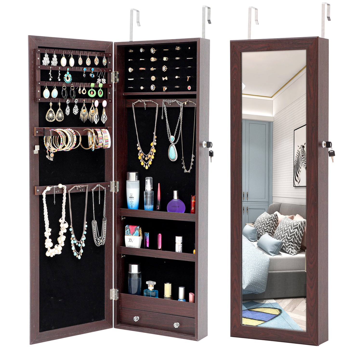 Hanging Mirrored Jewelry Organizer, Hanging Jewelry Storage&Organizer Cabinet, Wall-Mounted Jewelry Armoire with Mirror Door&Led Lights, Lockable Cosmetic Storage Box, Espresso, A836