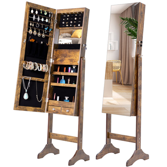 Jewelry Organizer Cabinet, BTMWAY Floor Standing Jewelry Armoire Organizer with Mirror&LED Lights, Brown, A880