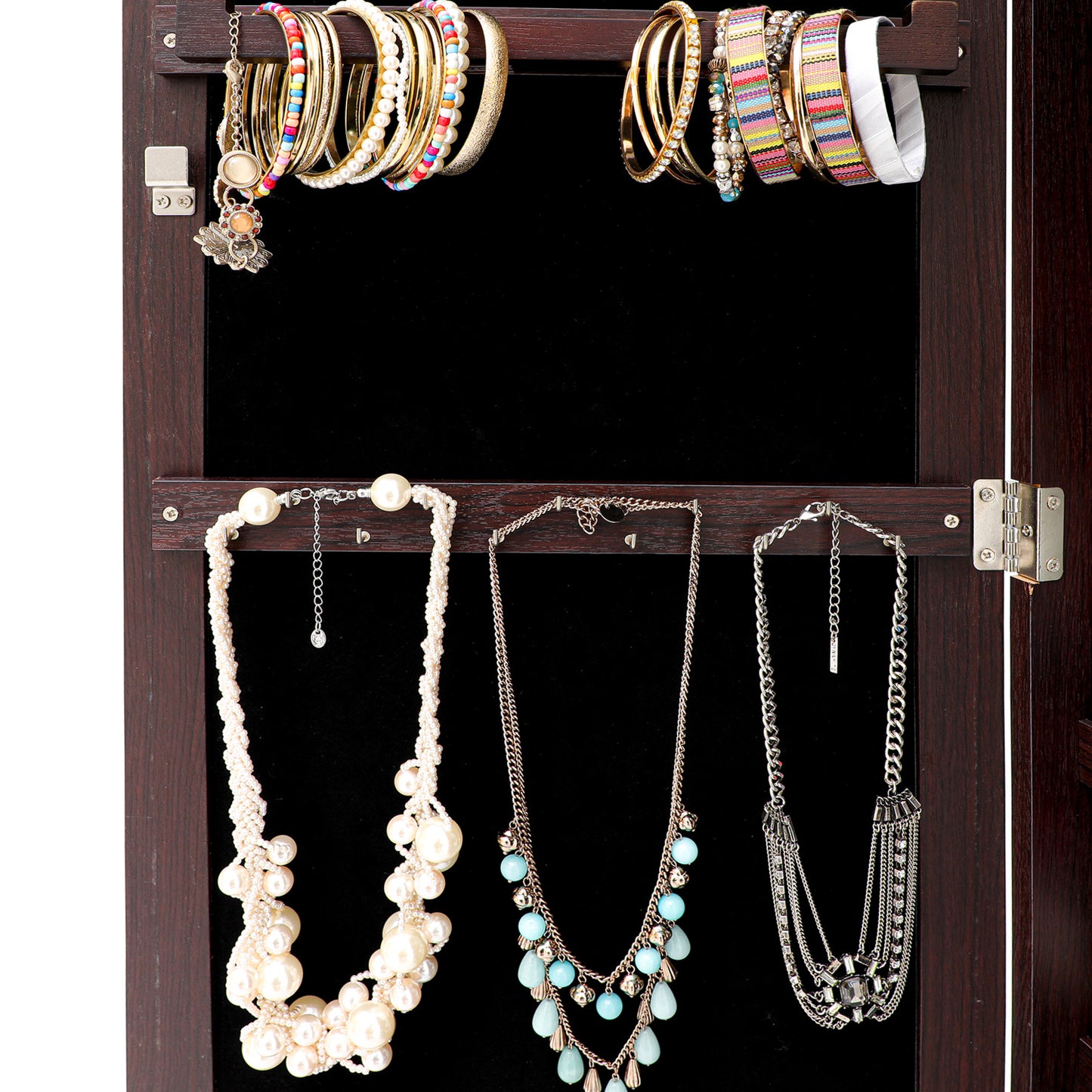 Hanging Mirrored Jewelry Organizer, Hanging Jewelry Storage&Organizer Cabinet, Wall-Mounted Jewelry Armoire with Mirror Door&Led Lights, Lockable Cosmetic Storage Box, Espresso, A836