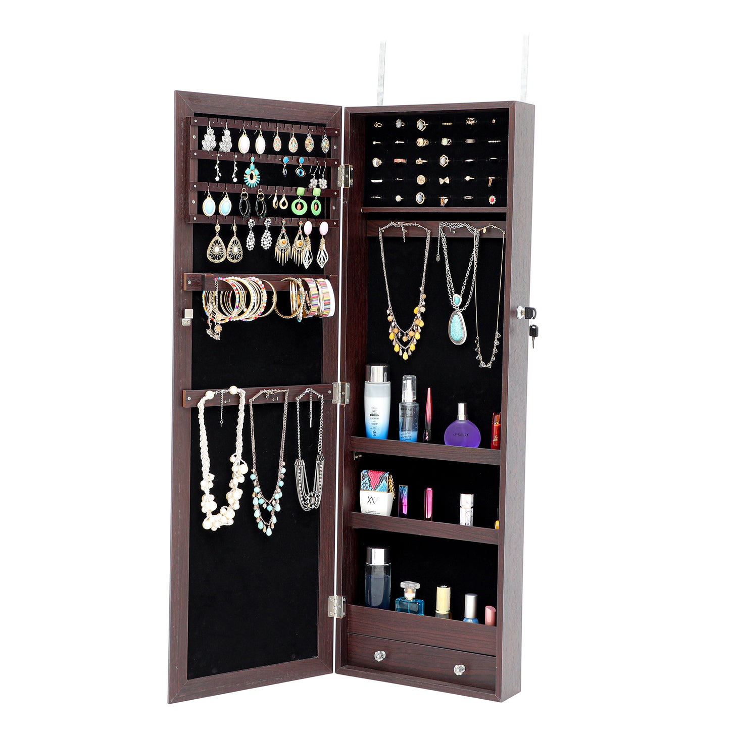 Hanging Mirrored Jewelry Organizer, Hanging Jewelry Storage&Organizer Cabinet, Wall-Mounted Jewelry Armoire with Mirror Door&Led Lights, Lockable Cosmetic Storage Box, Espresso, A836