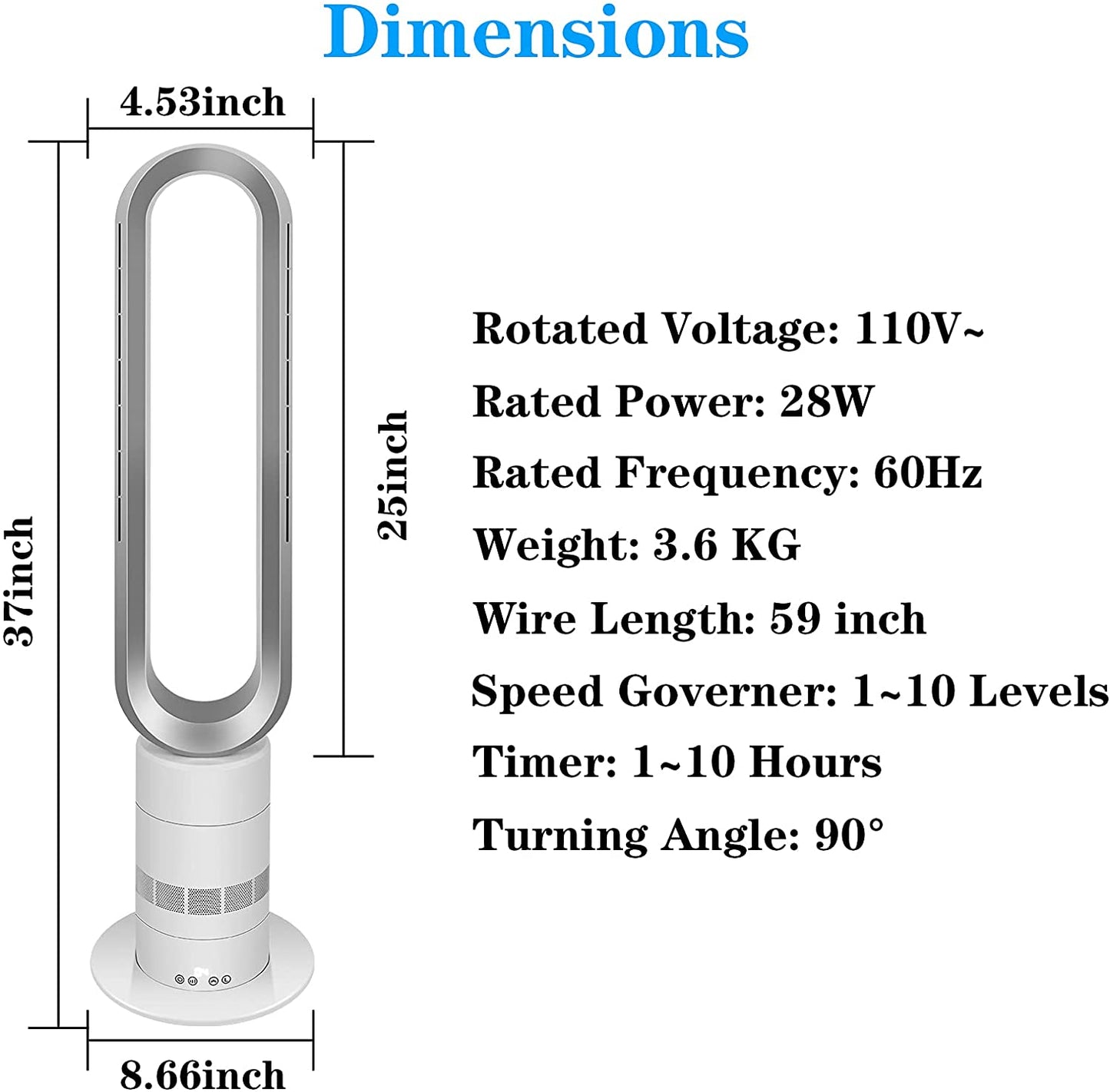 Bladeless Tower Fan with Remote Control, BTMWAY 39" Tower Fans for Home, Oscillating Bladeless Fan with 3 Mode, 10H Timer, 10 Speeds, Modern Floor Tower Fans for Bedroom, Living Room, Silver