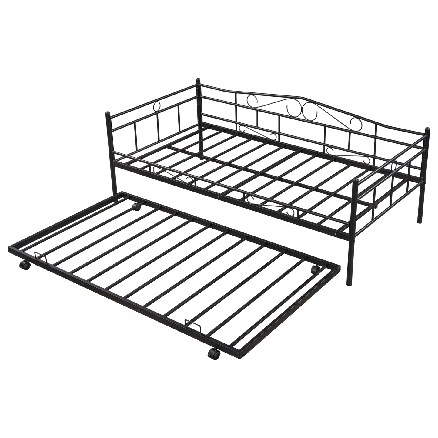 BTMWAY Metal Daybed, Modern Single Twin Daybed Frame, Twin Daybed with Pull Out Trundle Bed, Twin Daybed Frame for Kids Teens Adults, Twin Bed for Living Room Bedroom, No Box Spring Needed, Black