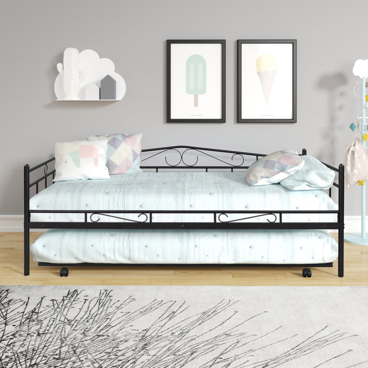 BTMWAY Metal Daybed, Modern Single Twin Daybed Frame, Twin Daybed with Pull Out Trundle Bed, Twin Daybed Frame for Kids Teens Adults, Twin Bed for Living Room Bedroom, No Box Spring Needed, Black