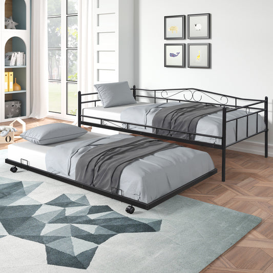 BTMWAY Metal Daybed, Modern Single Twin Daybed Frame, Twin Daybed with Pull Out Trundle Bed, Twin Daybed Frame for Kids Teens Adults, Twin Bed for Living Room Bedroom, No Box Spring Needed, Black