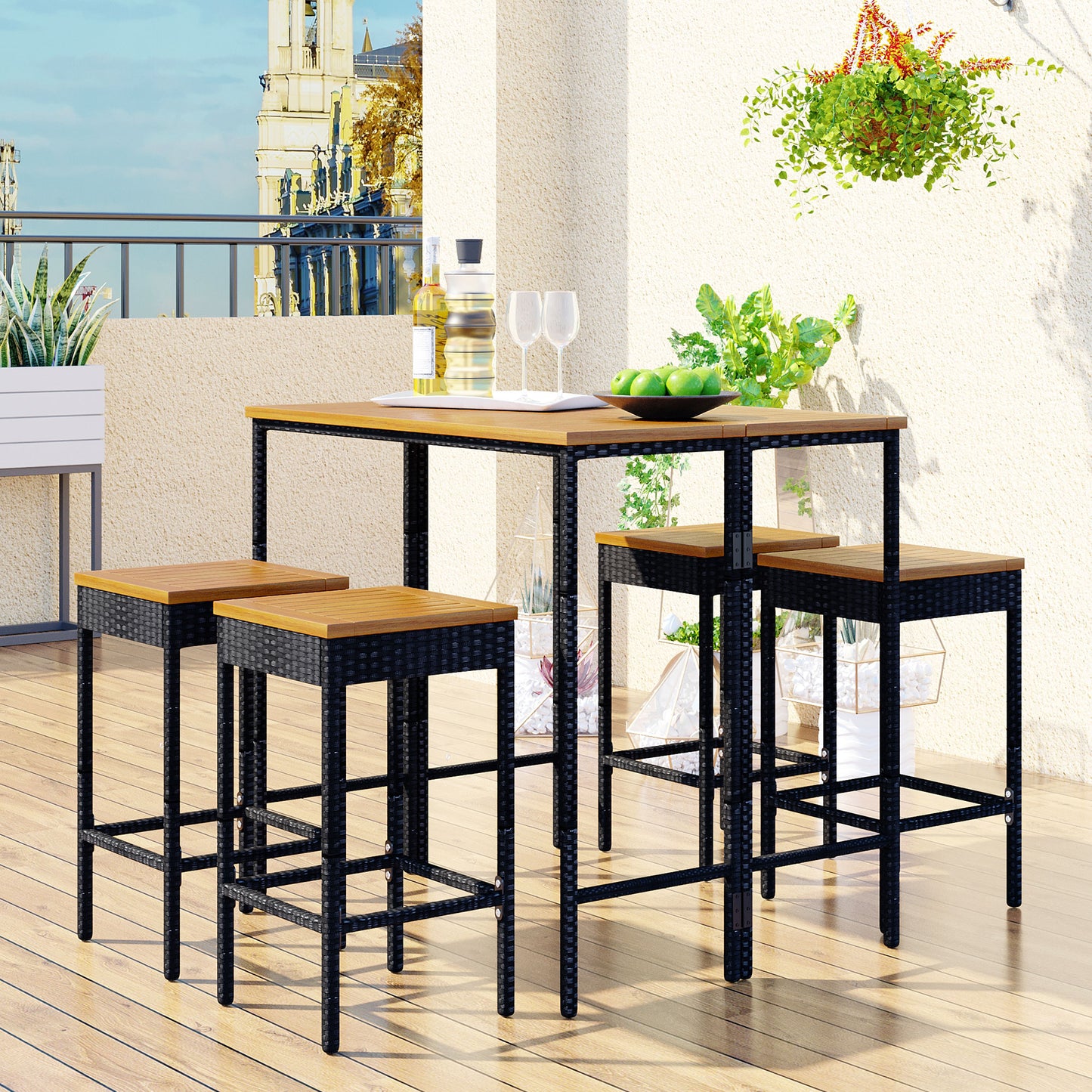 BTMWAY 5 Piece Patio Bistro Set, Outdoor Patio Bar Set with Acacia Wood Bar Table Top, Wicker Patio Furniture Set with 4 Stools, 1 Foldable Table, Dining Bistro Pub Set for Backyard Garden Pool, Brown