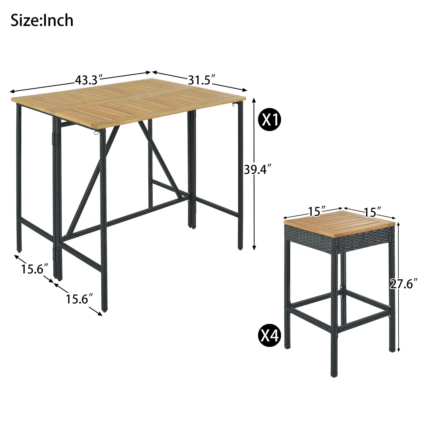 BTMWAY 5 Piece Patio Bistro Set, Outdoor Patio Bar Set with Acacia Wood Bar Table Top, Wicker Patio Furniture Set with 4 Stools, 1 Foldable Table, Dining Bistro Pub Set for Backyard Garden Pool, Brown