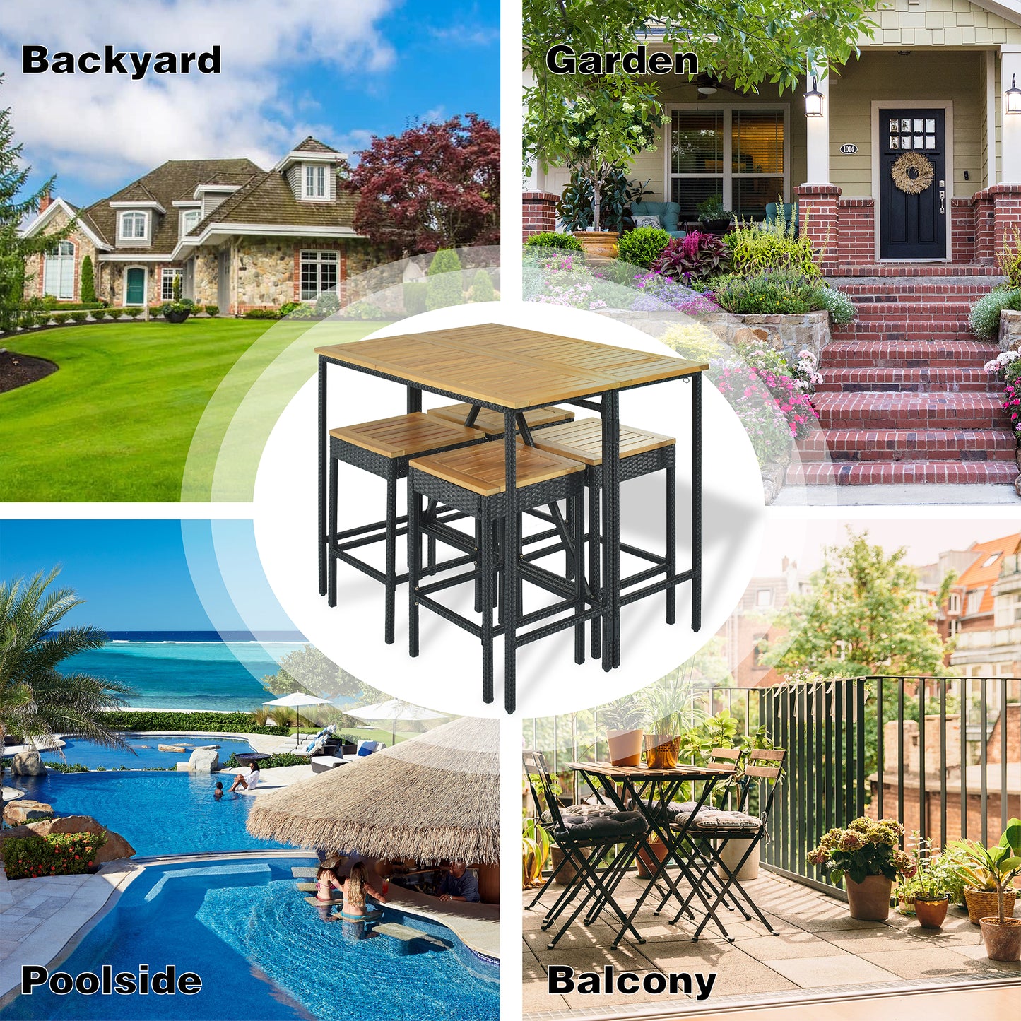 BTMWAY 5 Piece Patio Bistro Set, Outdoor Patio Bar Set with Acacia Wood Bar Table Top, Wicker Patio Furniture Set with 4 Stools, 1 Foldable Table, Dining Bistro Pub Set for Backyard Garden Pool, Brown