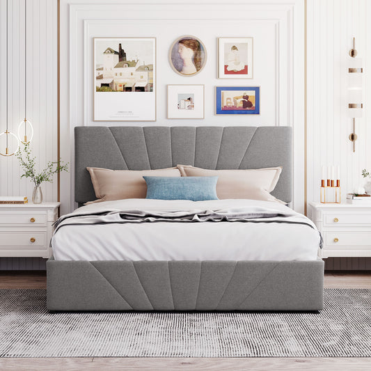 Upholstered Bed with Storage, BTMWAY Queen Size Upholstered Platform Bed with Headboard, Queen Bed Frame for Kids Adults, Slatted Bed No Box Spring Needed w/Hydraulic Storage System, Gray, N220