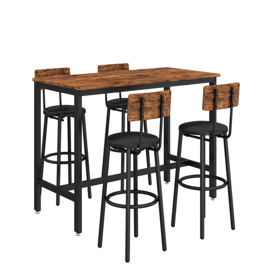 Metal Dining Set for 4, BTMWAY Counter Height Dining Room Table and Chairs for Kitchen, High Top Bar Bistro Pub Table Set, with Cushioned Back-support Stools, Rustic Brown,A5340